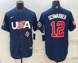 Mens USA Baseball #12 Kyle Schwarber 2023 Navy World Baseball Classic Stitched Jersey